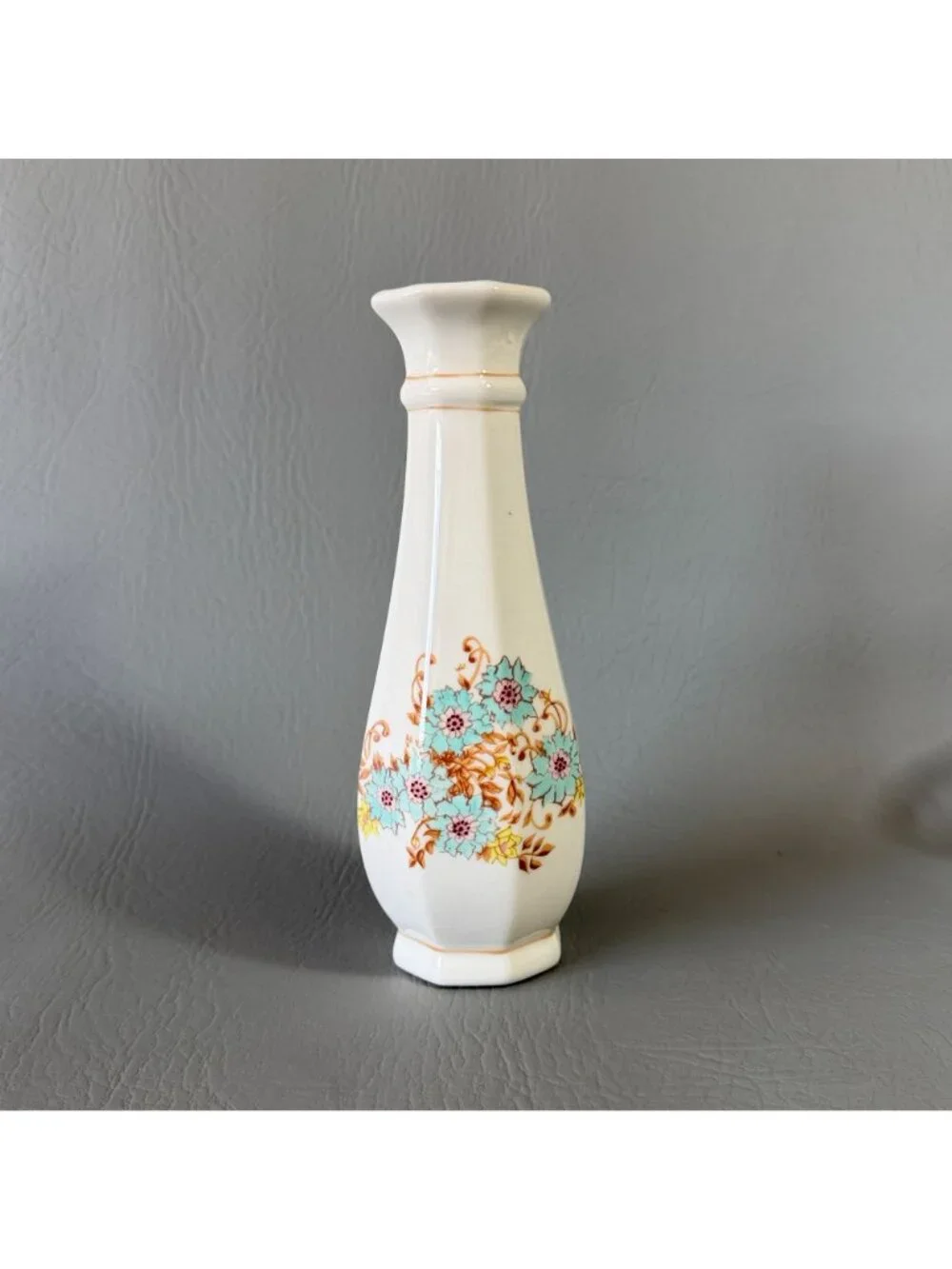 Vintage 1983 FTD Portugal Porcelain Bud Vase Octagonal Floral Ceramic 7.5